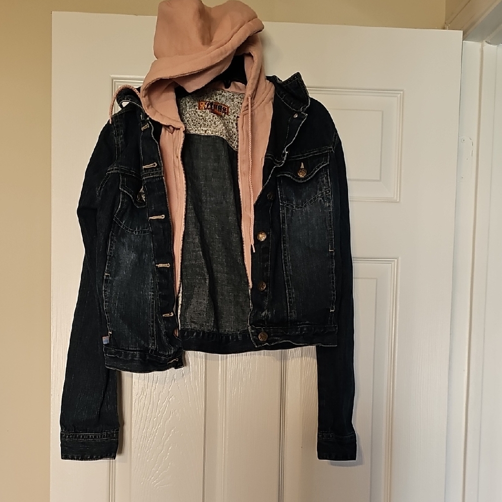Plugg Dark Denim Jean Jacket with Dusty Pink Attached Hoodie